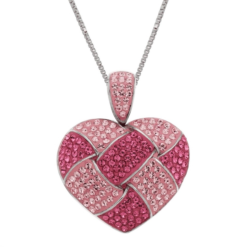 Finecraft Woven Heart Pendant with Pink Crystals in Sterling Silver, 18"